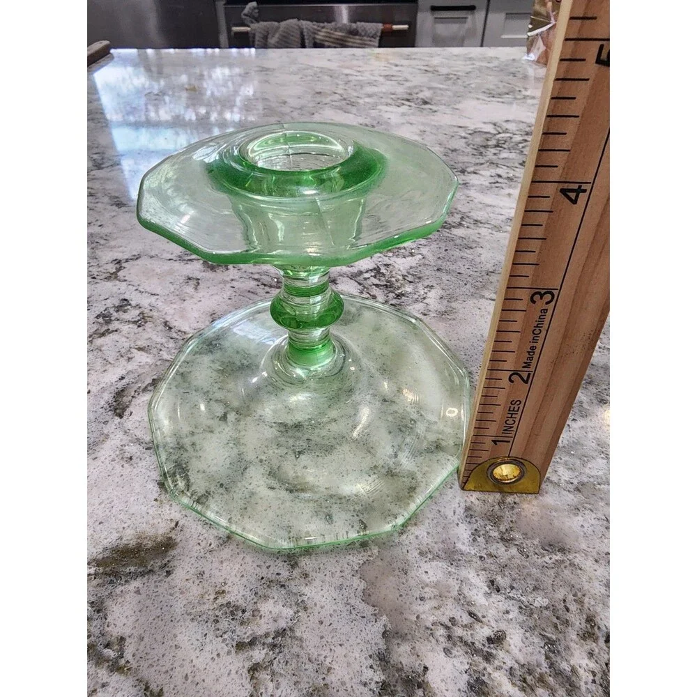 Vintage Green Depression Glass, Uranium Vaseline, Candlestick Holder